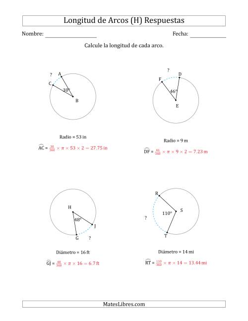 La hoja de ejercicios de Calcular la Longitud de un Arco a partir del Radio o el Diámetro (H) Página 2