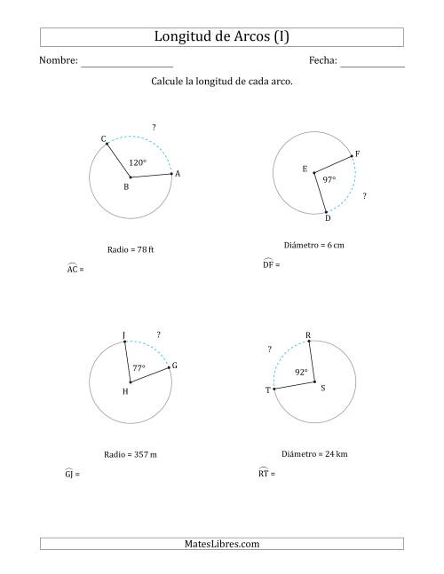 La hoja de ejercicios de Calcular la Longitud de un Arco a partir del Radio o el Diámetro (I)