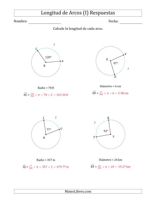 La hoja de ejercicios de Calcular la Longitud de un Arco a partir del Radio o el Diámetro (I) Página 2