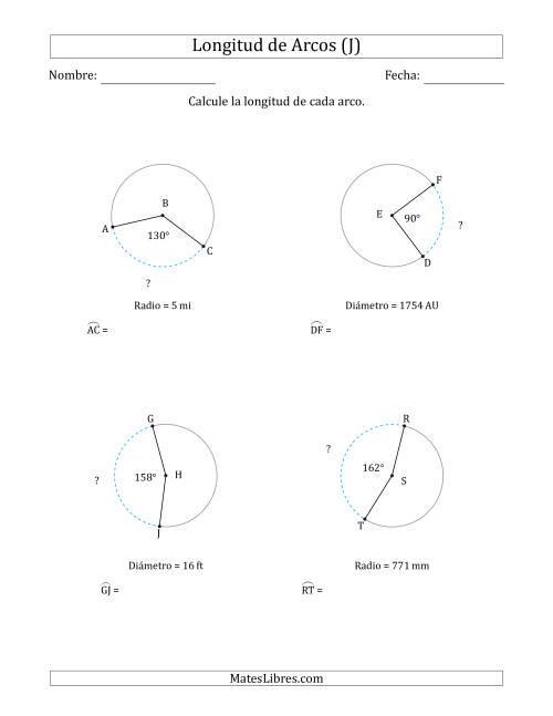 La hoja de ejercicios de Calcular la Longitud de un Arco a partir del Radio o el Diámetro (J)