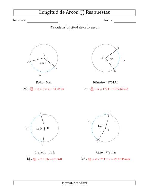 La hoja de ejercicios de Calcular la Longitud de un Arco a partir del Radio o el Diámetro (J) Página 2
