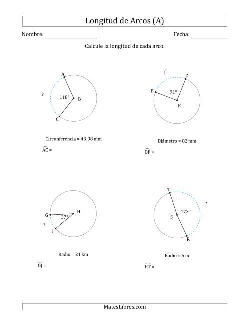 La hoja de ejercicios de Calcular la Longitud de un Arco a partir del Radio, el Diámetro o la Circunferencia (A)