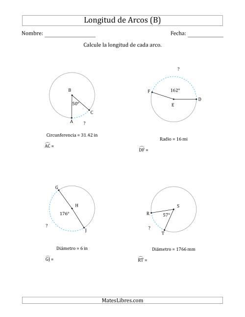 La hoja de ejercicios de Calcular la Longitud de un Arco a partir del Radio, el Diámetro o la Circunferencia (B)