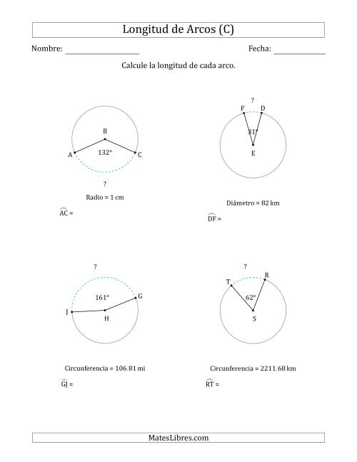 La hoja de ejercicios de Calcular la Longitud de un Arco a partir del Radio, el Diámetro o la Circunferencia (C)