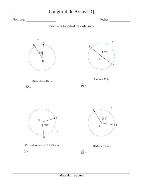 La hoja de ejercicios de Calcular la Longitud de un Arco a partir del Radio, el Diámetro o la Circunferencia (D)