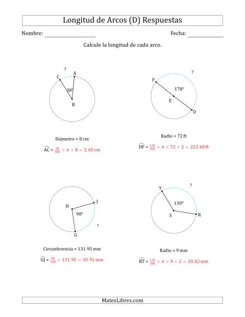 La hoja de ejercicios de Calcular la Longitud de un Arco a partir del Radio, el Diámetro o la Circunferencia (D) Página 2