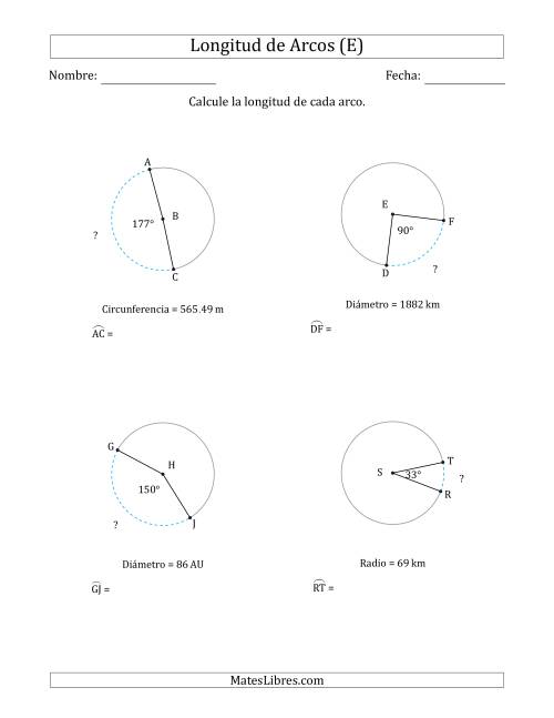 La hoja de ejercicios de Calcular la Longitud de un Arco a partir del Radio, el Diámetro o la Circunferencia (E)