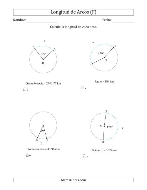 La hoja de ejercicios de Calcular la Longitud de un Arco a partir del Radio, el Diámetro o la Circunferencia (F)