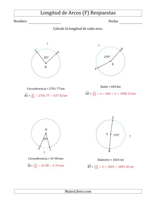 La hoja de ejercicios de Calcular la Longitud de un Arco a partir del Radio, el Diámetro o la Circunferencia (F) Página 2