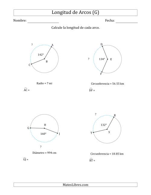 La hoja de ejercicios de Calcular la Longitud de un Arco a partir del Radio, el Diámetro o la Circunferencia (G)