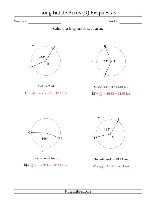 La hoja de ejercicios de Calcular la Longitud de un Arco a partir del Radio, el Diámetro o la Circunferencia (G) Página 2