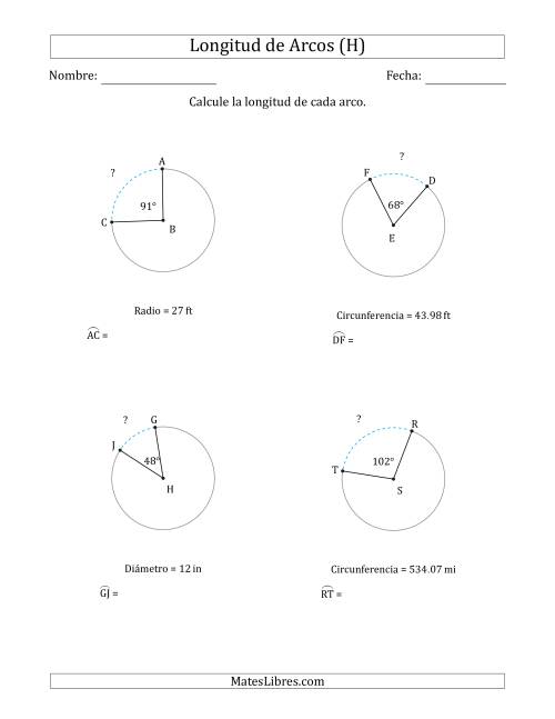 La hoja de ejercicios de Calcular la Longitud de un Arco a partir del Radio, el Diámetro o la Circunferencia (H)