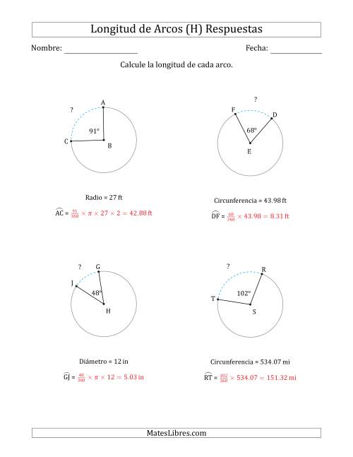 La hoja de ejercicios de Calcular la Longitud de un Arco a partir del Radio, el Diámetro o la Circunferencia (H) Página 2