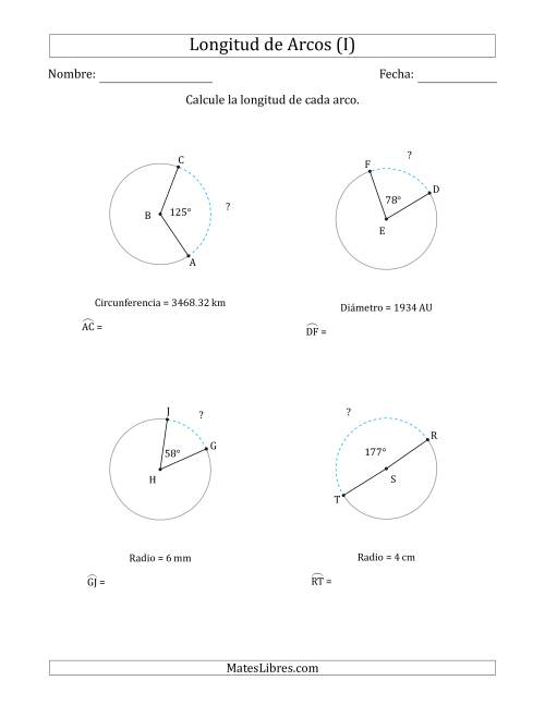La hoja de ejercicios de Calcular la Longitud de un Arco a partir del Radio, el Diámetro o la Circunferencia (I)