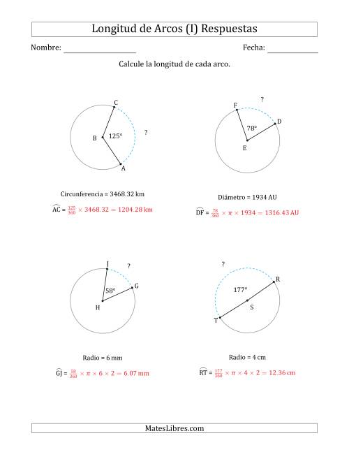 La hoja de ejercicios de Calcular la Longitud de un Arco a partir del Radio, el Diámetro o la Circunferencia (I) Página 2