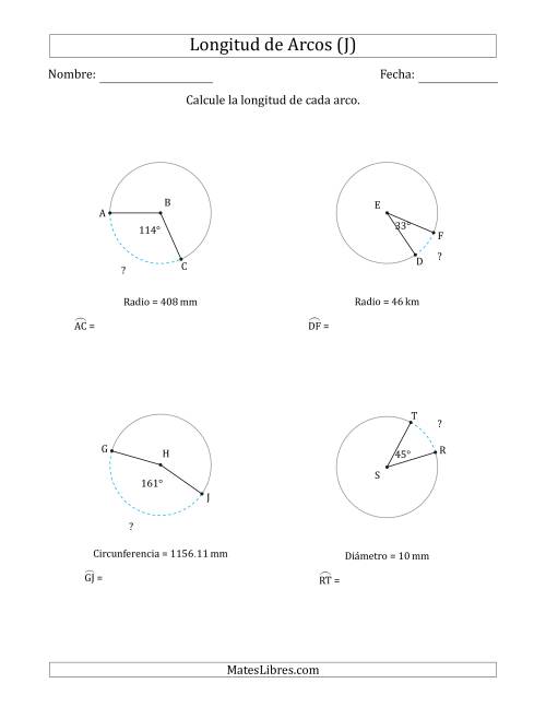La hoja de ejercicios de Calcular la Longitud de un Arco a partir del Radio, el Diámetro o la Circunferencia (J)