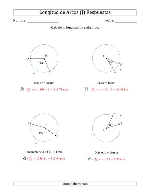 La hoja de ejercicios de Calcular la Longitud de un Arco a partir del Radio, el Diámetro o la Circunferencia (J) Página 2