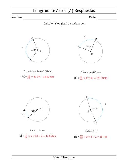La hoja de ejercicios de Calcular la Longitud de un Arco a partir del Radio, el Diámetro o la Circunferencia (Todas) Página 2