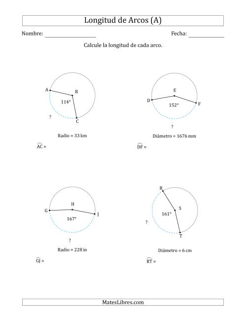 La hoja de ejercicios de Calcular la Longitud de un Arco a partir del Radio o el Diámetro (Todas)