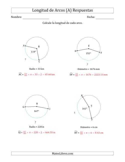 La hoja de ejercicios de Calcular la Longitud de un Arco a partir del Radio o el Diámetro (Todas) Página 2