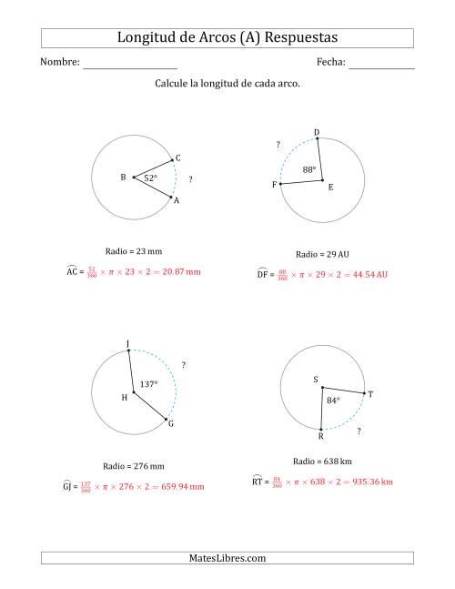 La hoja de ejercicios de Calcular la Longitud de un Arco a partir del Radio (Todas) Página 2