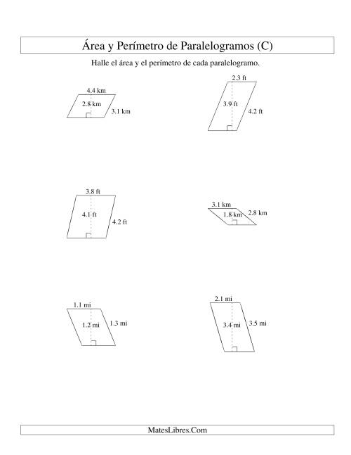 La hoja de ejercicios de Área y Perímetro de Paralelogramos, Un Lugar Decimal, Rango de 1 a 5 (C)