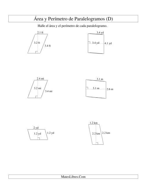 La hoja de ejercicios de Área y Perímetro de Paralelogramos, Un Lugar Decimal, Rango de 1 a 5 (D)