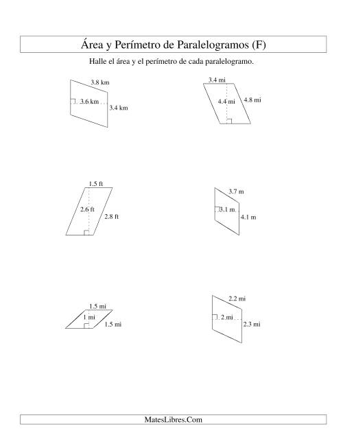 La hoja de ejercicios de Área y Perímetro de Paralelogramos, Un Lugar Decimal, Rango de 1 a 5 (F)