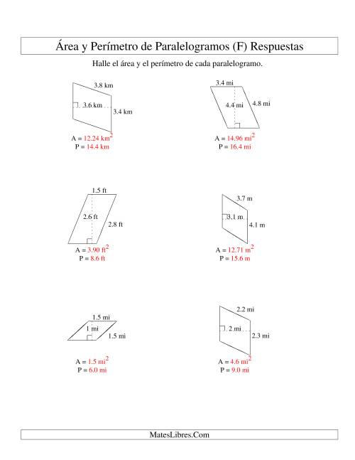 La hoja de ejercicios de Área y Perímetro de Paralelogramos, Un Lugar Decimal, Rango de 1 a 5 (F) Página 2