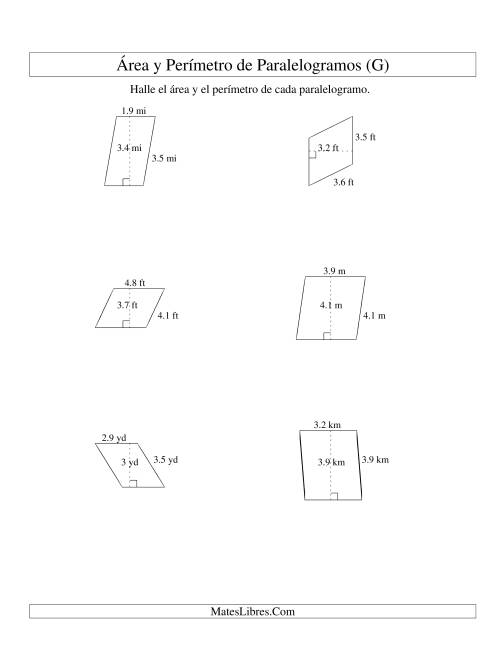 La hoja de ejercicios de Área y Perímetro de Paralelogramos, Un Lugar Decimal, Rango de 1 a 5 (G)