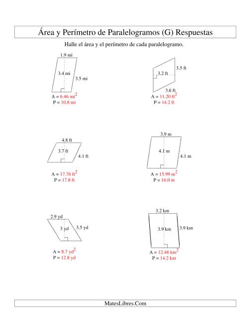 La hoja de ejercicios de Área y Perímetro de Paralelogramos, Un Lugar Decimal, Rango de 1 a 5 (G) Página 2
