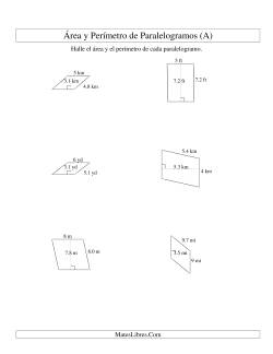 Área y Perímetro de Paralelogramos, Sin Lugares Decimales, Rango de 1 a 9