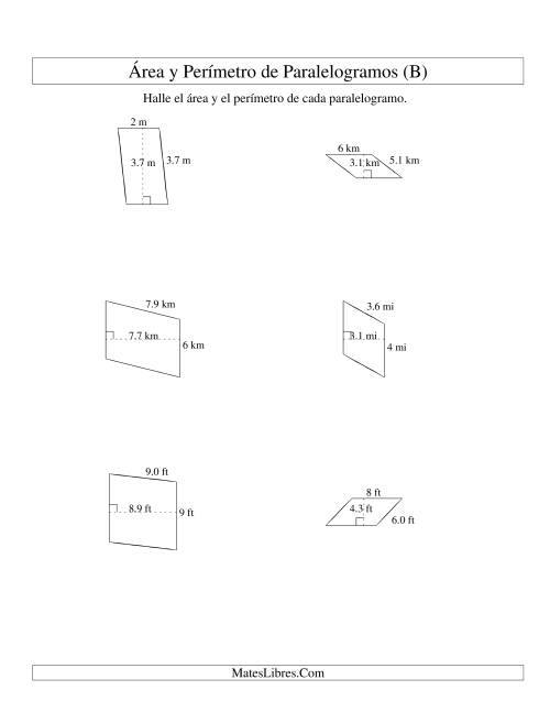 La hoja de ejercicios de Área y Perímetro de Paralelogramos, Sin Lugares Decimales, Rango de 1 a 9 (B)