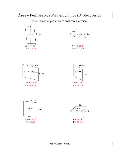La hoja de ejercicios de Área y Perímetro de Paralelogramos, Sin Lugares Decimales, Rango de 1 a 9 (B) Página 2