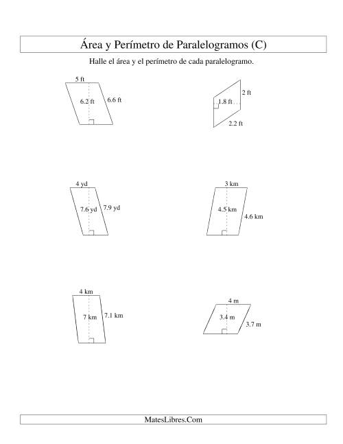 La hoja de ejercicios de Área y Perímetro de Paralelogramos, Sin Lugares Decimales, Rango de 1 a 9 (C)