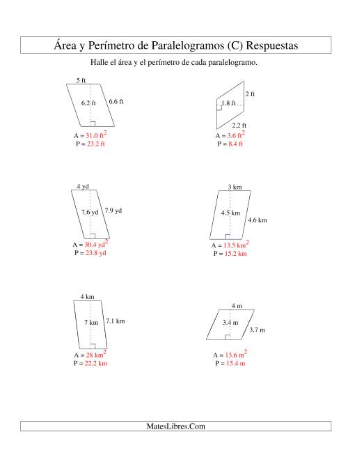 La hoja de ejercicios de Área y Perímetro de Paralelogramos, Sin Lugares Decimales, Rango de 1 a 9 (C) Página 2