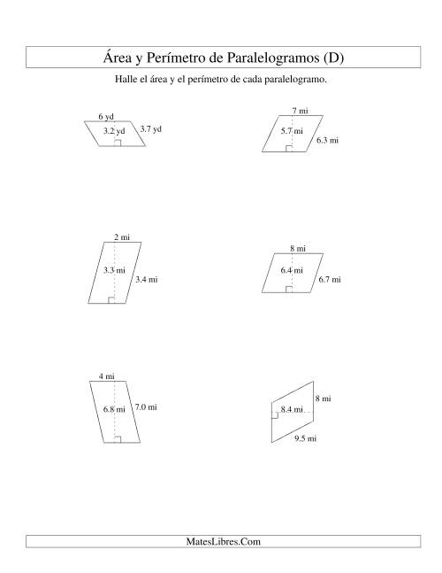 La hoja de ejercicios de Área y Perímetro de Paralelogramos, Sin Lugares Decimales, Rango de 1 a 9 (D)