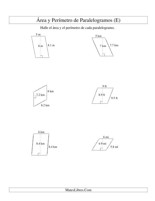 La hoja de ejercicios de Área y Perímetro de Paralelogramos, Sin Lugares Decimales, Rango de 1 a 9 (E)