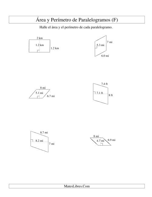 La hoja de ejercicios de Área y Perímetro de Paralelogramos, Sin Lugares Decimales, Rango de 1 a 9 (F)