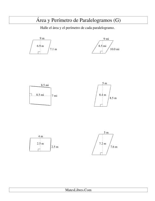 La hoja de ejercicios de Área y Perímetro de Paralelogramos, Sin Lugares Decimales, Rango de 1 a 9 (G)