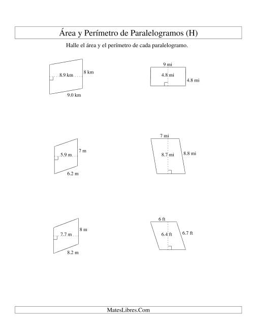 La hoja de ejercicios de Área y Perímetro de Paralelogramos, Sin Lugares Decimales, Rango de 1 a 9 (H)