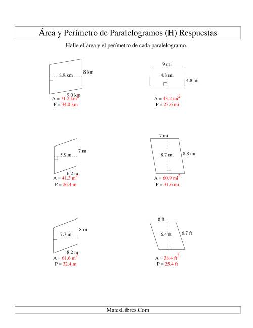 La hoja de ejercicios de Área y Perímetro de Paralelogramos, Sin Lugares Decimales, Rango de 1 a 9 (H) Página 2
