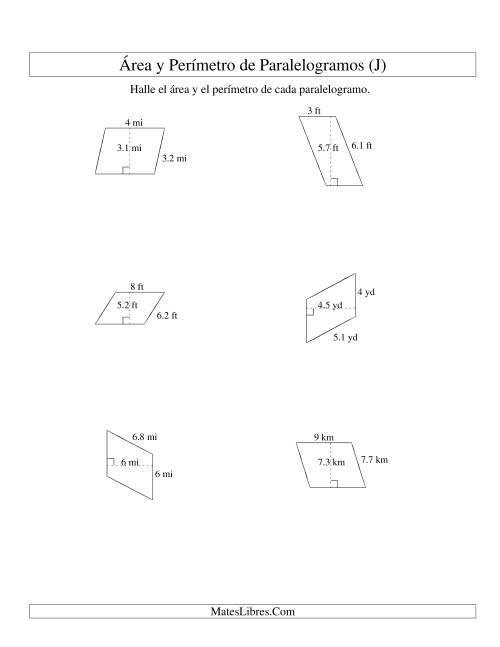 La hoja de ejercicios de Área y Perímetro de Paralelogramos, Sin Lugares Decimales, Rango de 1 a 9 (J)