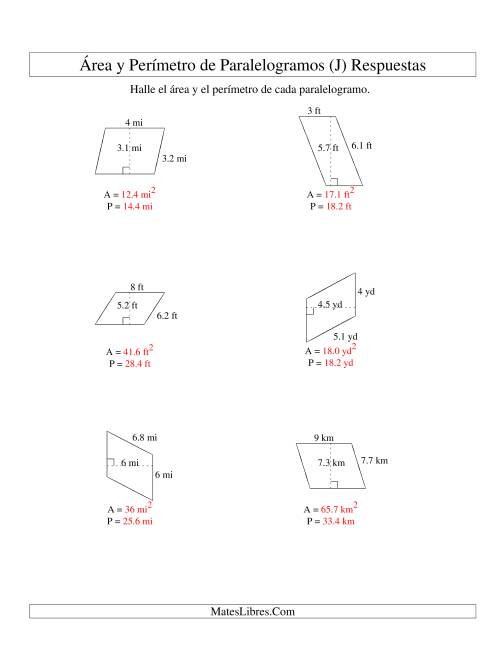La hoja de ejercicios de Área y Perímetro de Paralelogramos, Sin Lugares Decimales, Rango de 1 a 9 (J) Página 2