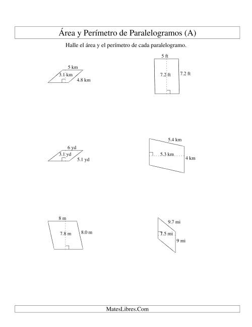 La hoja de ejercicios de Área y Perímetro de Paralelogramos, Sin Lugares Decimales, Rango de 1 a 9 (Todas)