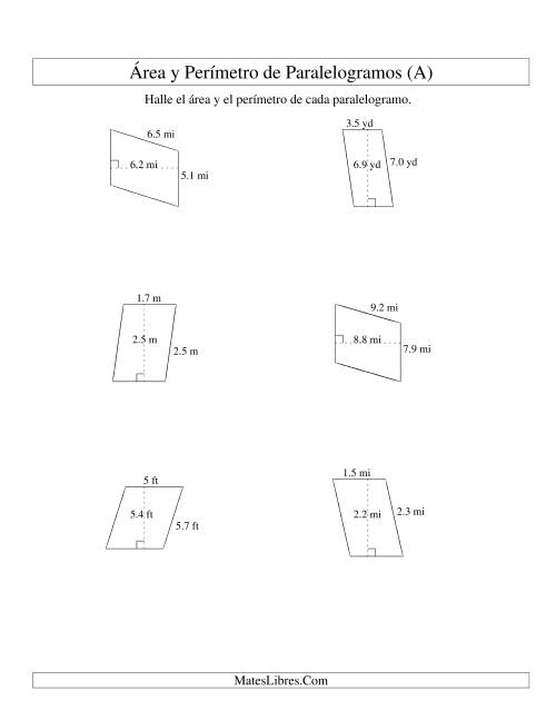 La hoja de ejercicios de Área y Perímetro de Paralelogramos, Un Lugar Decimal, Rango de 1 a 9 (A)