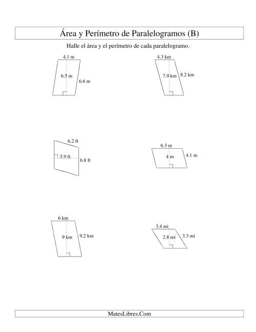La hoja de ejercicios de Área y Perímetro de Paralelogramos, Un Lugar Decimal, Rango de 1 a 9 (B)
