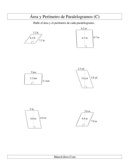 La hoja de ejercicios de Área y Perímetro de Paralelogramos, Un Lugar Decimal, Rango de 1 a 9 (C)