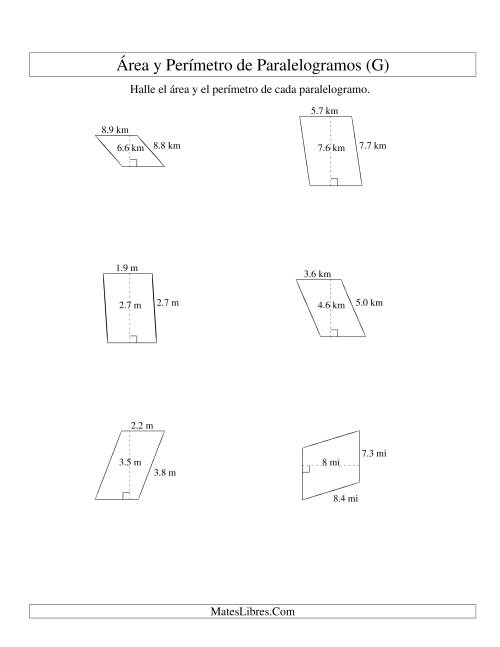 La hoja de ejercicios de Área y Perímetro de Paralelogramos, Un Lugar Decimal, Rango de 1 a 9 (G)