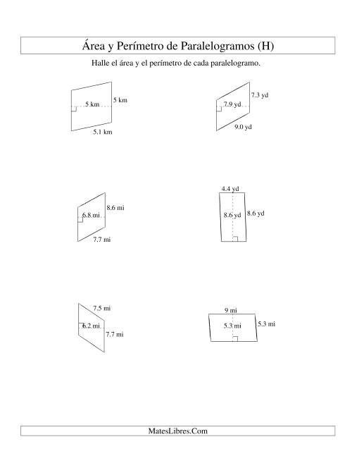 La hoja de ejercicios de Área y Perímetro de Paralelogramos, Un Lugar Decimal, Rango de 1 a 9 (H)